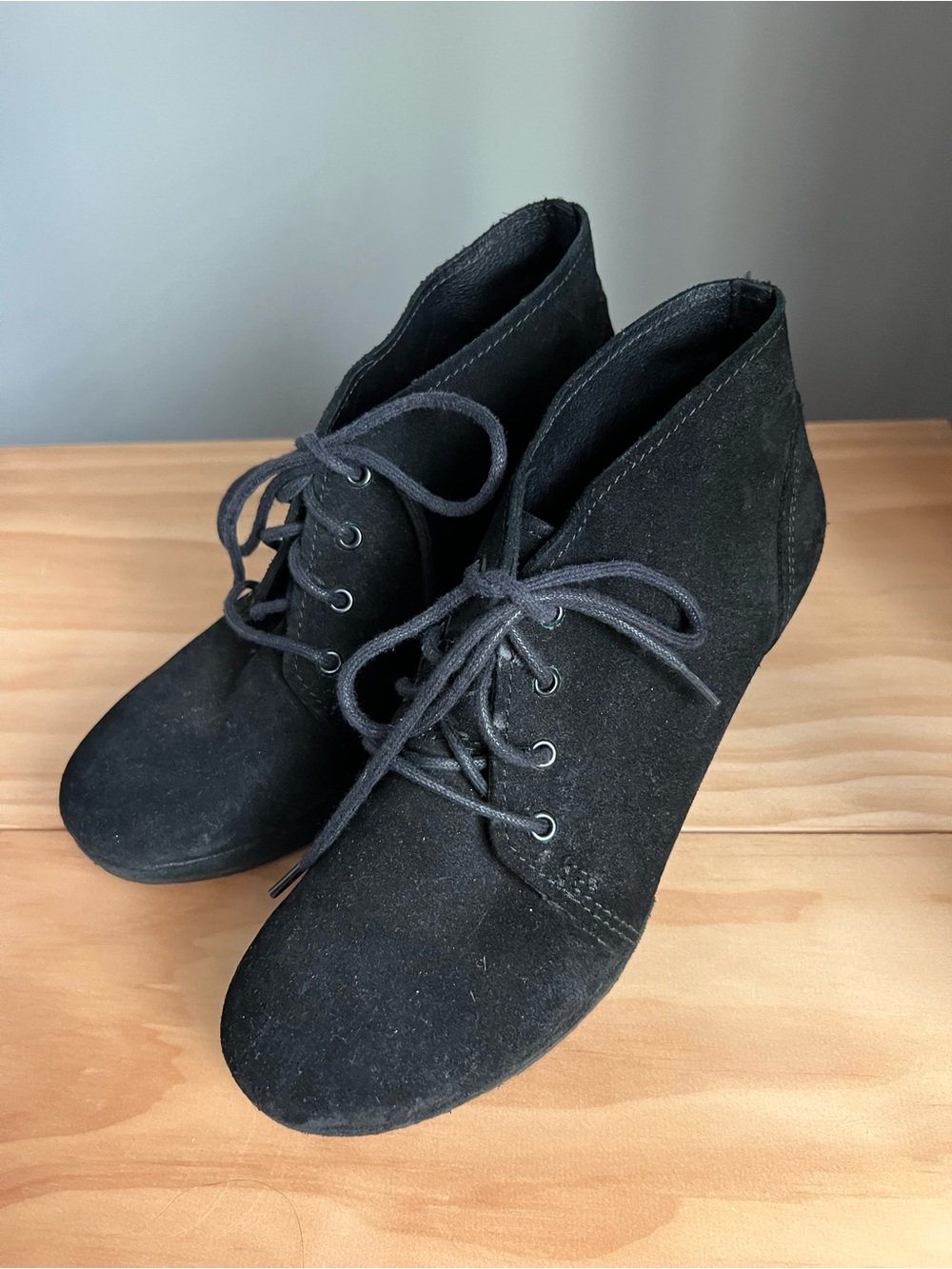 Clarks Black Suede Lace-Up Ankle Wedge Booties